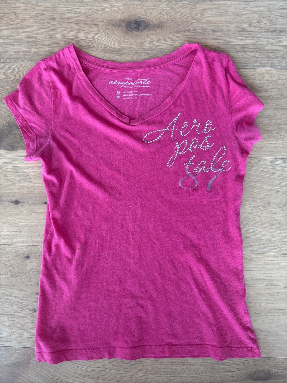 Aeropostale Women's Pink V-Neck Tee With Studded Design (wings on the back)
